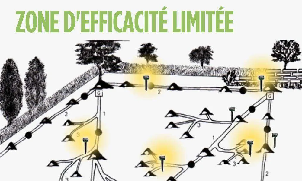 Illustration montrant un schéma de tunnels de taupes sous un jardin avec des emplacements de détaupeurs indiqués par des zones jaunes, avec le texte "ZONE D'EFFICACITÉ LIMITÉE".